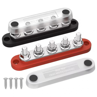 *Rozvodná svorkovnice Busbar DaierTek 5x M6 12V – 5 vývodů + ochranný kryt Max 300V AC, 48V DC, 130A(AC), 150A (DC) kladný a záporný rozvodný blok